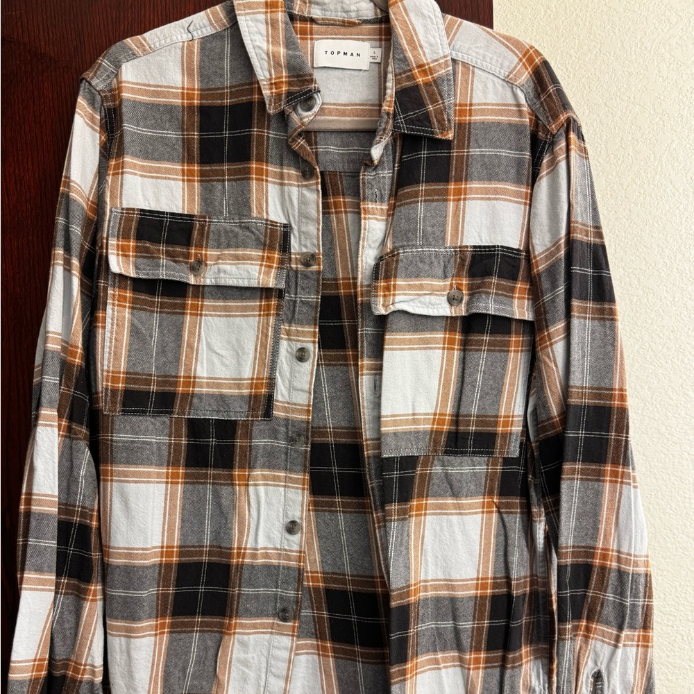 Topman Plaid Shirt Jacket in Black, White, and Orange
